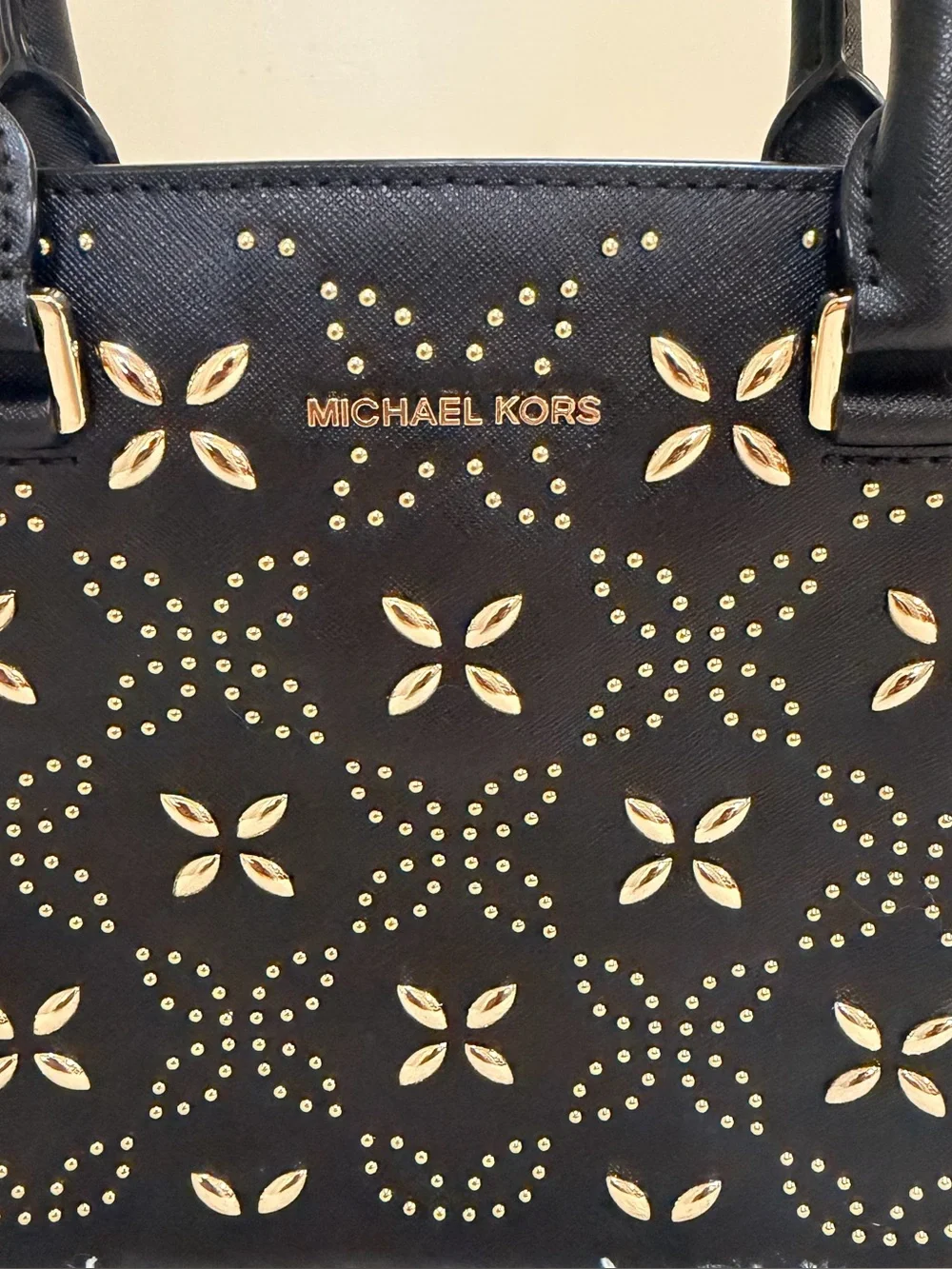 Michael Kors Selma Medium Studded Floral Satchel In Black Saffiano Leather